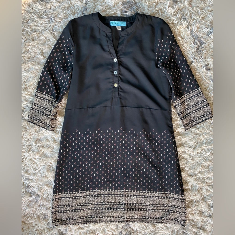Dina Be black sheath dress boho print 3/4 sleeves Small - Picture 2 of 6